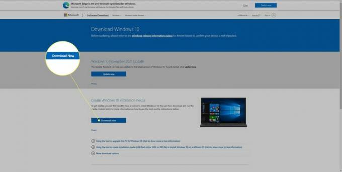 Microsoft Windows 10-nedlastingsside med Last ned nå uthevet