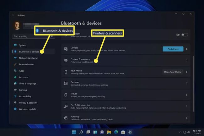 Bluetooth والأجهزة والطابعات والماسحات الضوئية في إعدادات Windows 11