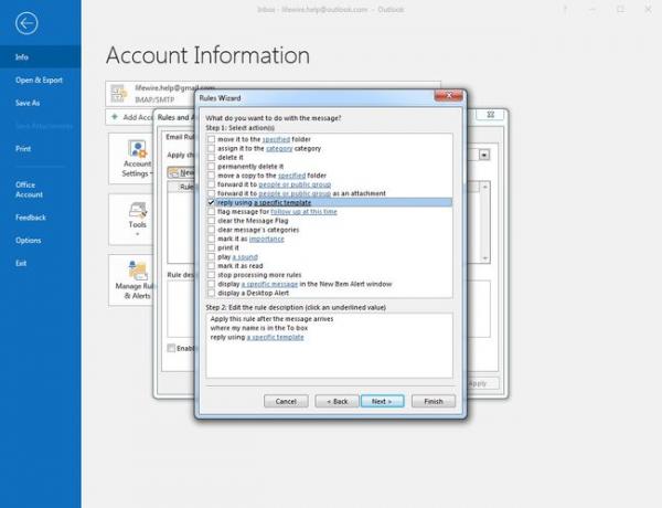 Handlingen i Outlook 2016 Rules Wizard " svar ved hjælp af en specifik skabelon" er valgt