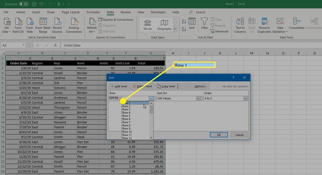 Die Zeilenoptionen Sortieren nach in Microsoft Excel.