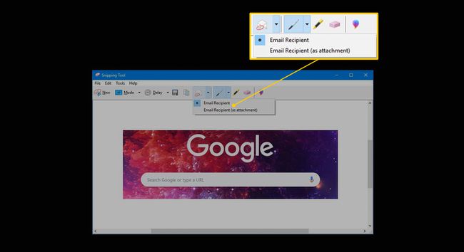 Snipping Tool'daki e-posta seçenekleri