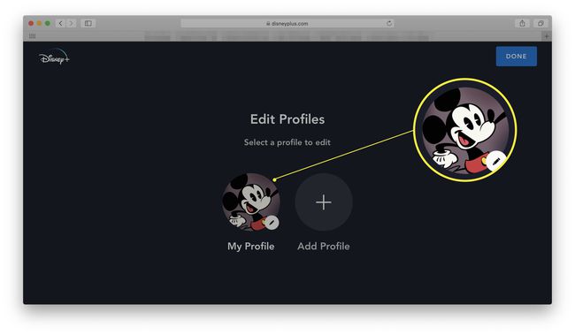 Disney+ printr-un browser web cu Profilul meu evidențiat