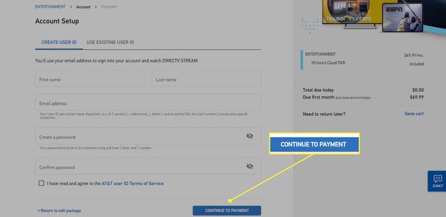 Kontokonfigurationssidan för DirecTV Stream med " Fortsätt till betalning" markerad