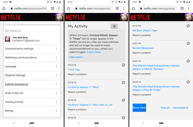 A Netflix Saját tevékenységek beállításai az Androidra készült Chrome-ban