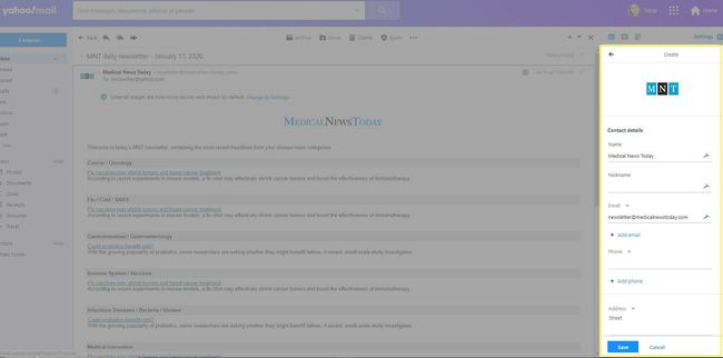 Criar contato no Yahoo Mail