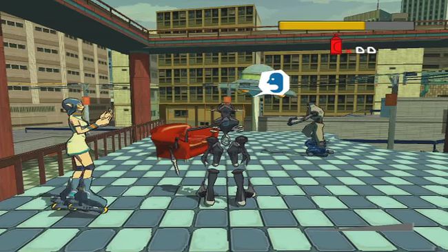 Xbox için Jet Set Radio Future'da tekerlekli paten üzerinde robotlar.