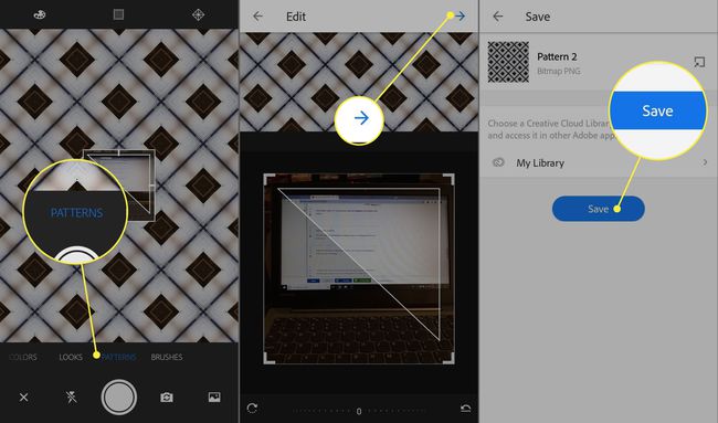Ein Screenshot der Aufnahme-App von Adobe mit den hervorgehobenen Schaltflächen Muster, Pfeil und Speichern