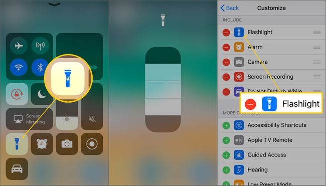 Ícone de lanterna no iOS Control Center, tela de alternância de brilho e personalização