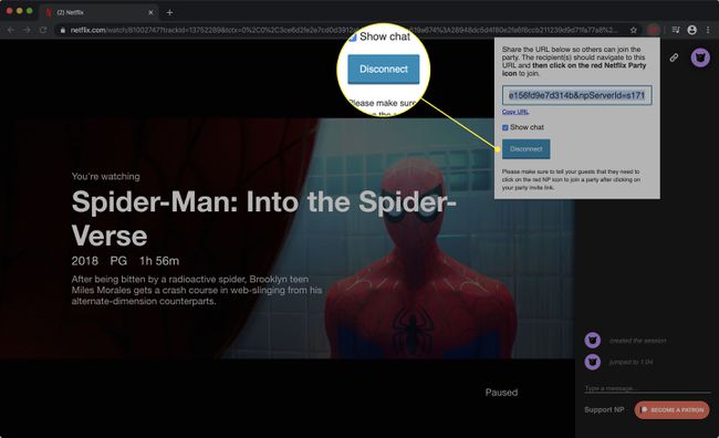 สกรีนช็อตของปาร์ตี้ Netflix โดยเน้นที่ปุ่มตัดการเชื่อมต่อ