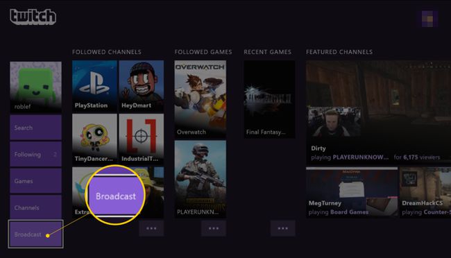 Xbox One용 Twitch 앱의 브로드캐스트 버튼