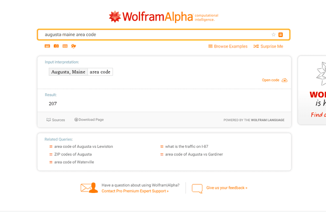 Wolfram Alpha 지역 번호 검색