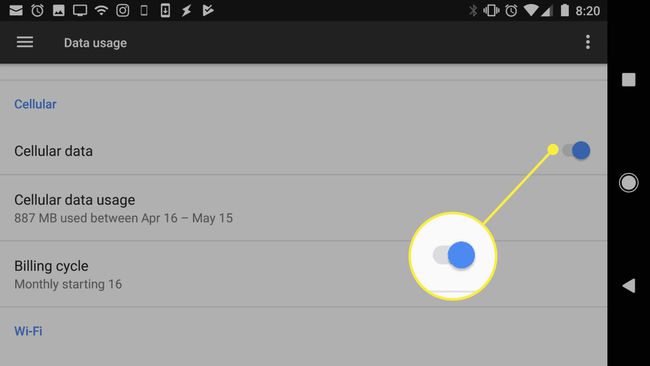 Comutatorul „Date celulare” din setările Android