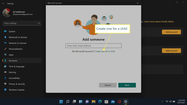 Utwórz je dla dziecka podświetlonego w menu Dodaj konto w systemie Windows 11.
