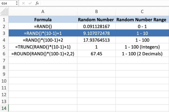 Zrzut ekranu programu Excel pokazujący funkcję RAND w zakresie 1-10