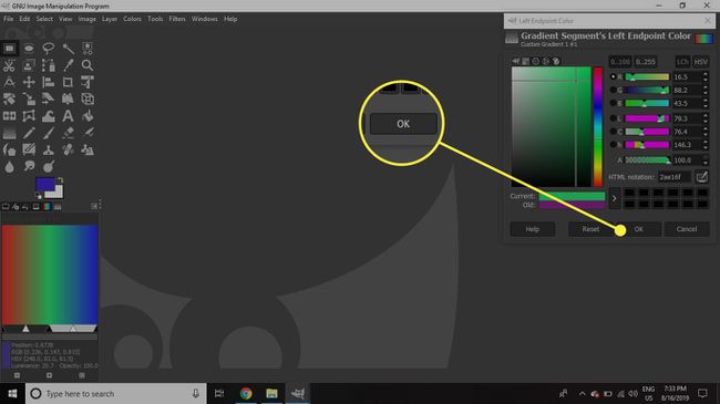 Posnetek zaslona GIMP-ovega okna Left Endpoint Color z označenim gumbom OK