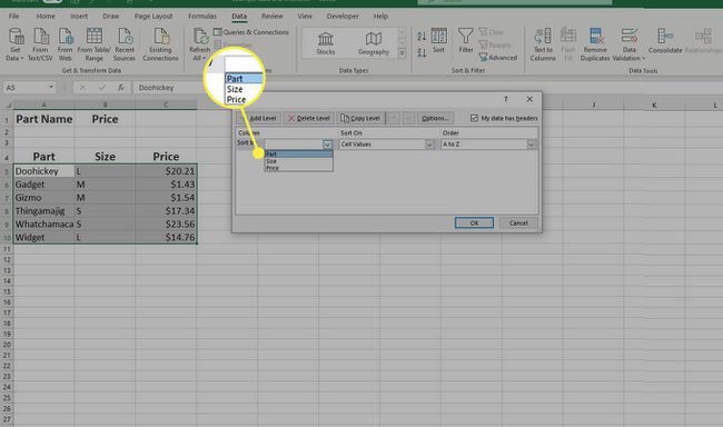 Opcja „Sortuj według części” w programie Excel