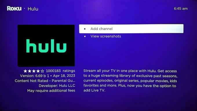 Roku の Hulu アプリ ページ