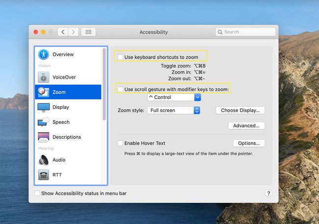 Instellingen voor toetsenbord en scrollbewegingen voor de Zoom-tool op macOs