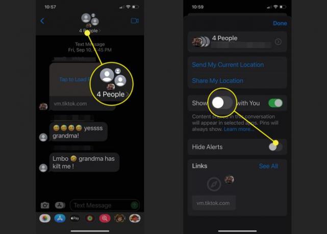 As capturas de tela mostram como ocultar alertas de uma mensagem de texto em grupo.