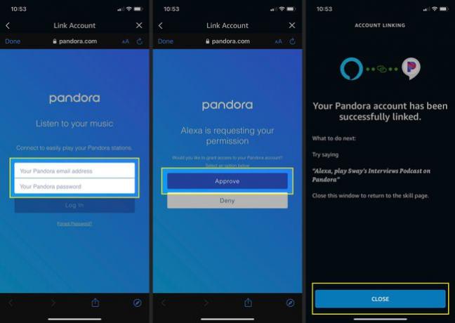 De sidste trin til at linke en eksisterende streamingkonto til Alexa-appen på en iPhone med Pandora-legitimationsboks, Godkend og Luk fremhævet