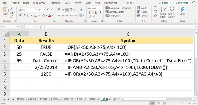 Screenshot von Microsoft Excel mit einer Übersicht über bedingte Anweisungen mit den IF-, AND- und OR-Funktionen