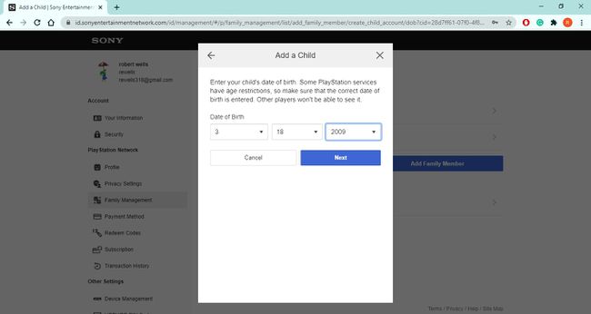 次のDOBの下で、PSNファミリーアカウント設定で子を追加します