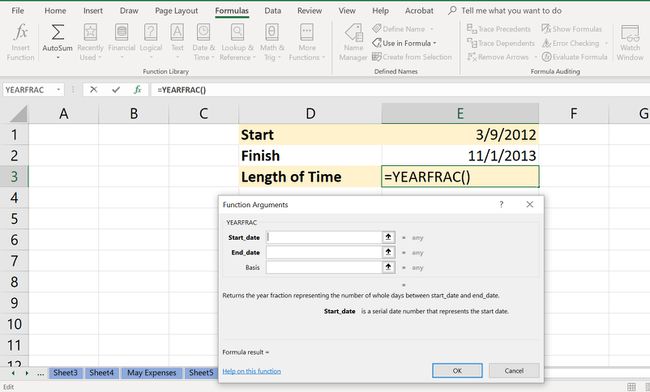 Excel-Tabelle mit dem Dialogfeld YEARFRAC Function