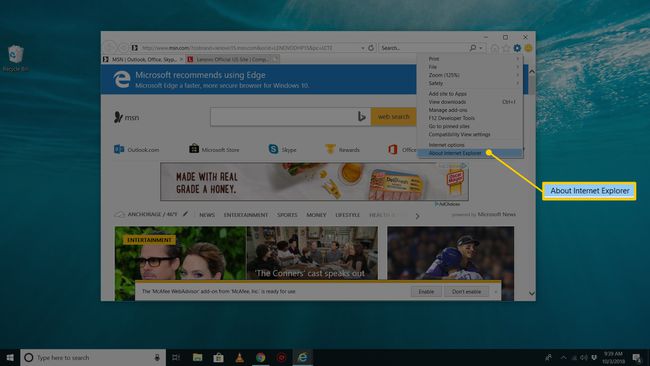 Acerca del elemento de menú de Internet Explorer en el icono de engranaje en Windows 10 Internet Explorer