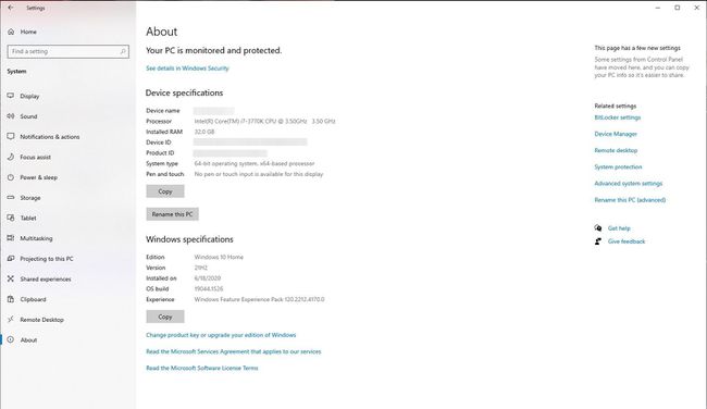 Obrazovka O aplikaci Nastavení systému Windows