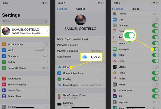 Capturas de tela da ativação de Mensagens no iCloud no iPhone