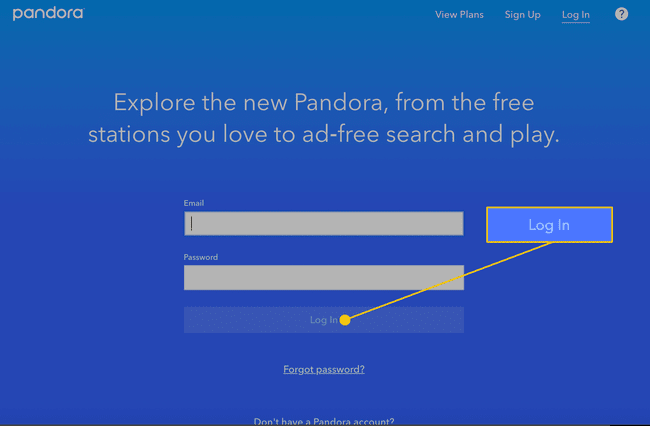 Web üzerinde Pandora'da oturum açma düğmesi