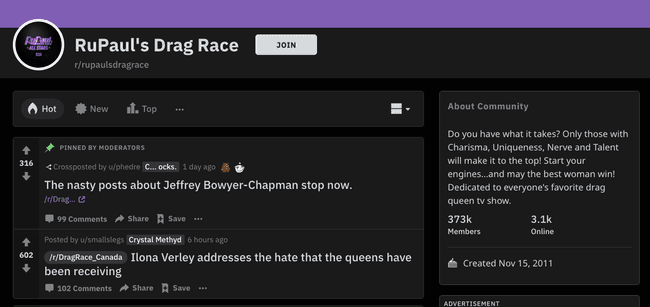 Titelseite von rRuPaulDragRace auf Reddit