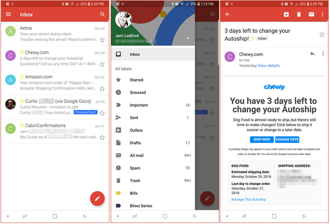 Capturi de ecran ale aplicației de e-mail Gmail pentru Android.