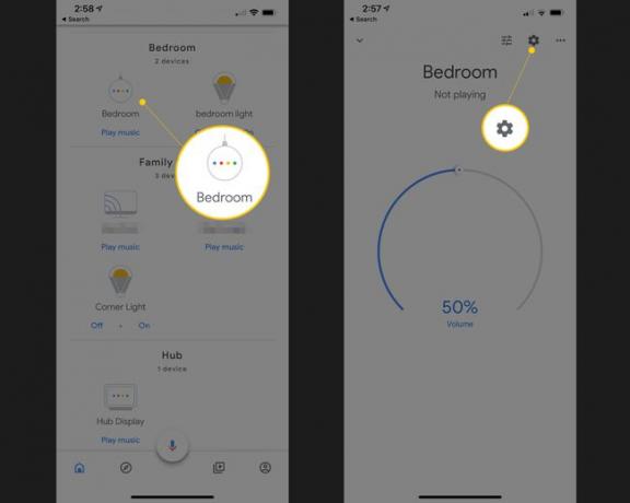 Két iOS képernyő, amelyen az újrakonfigurálandó Google Home eszköz és a fogaskerék ikon látható