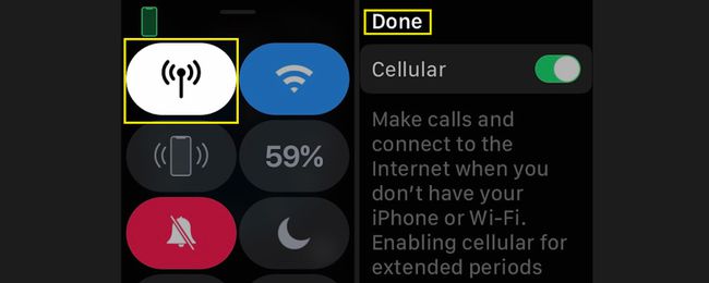 Tryk på mobilikonet for at slå mobiltjeneste fra for dit Apple Watch