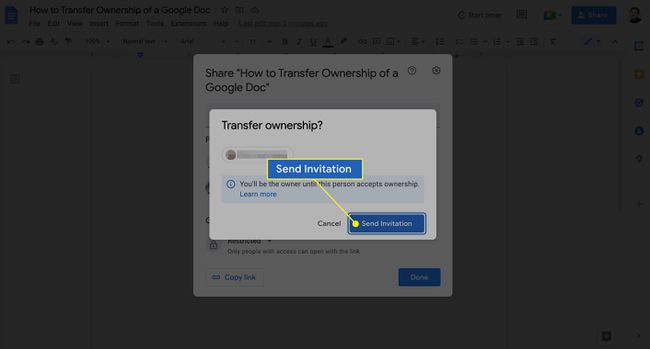 Enviar convite escolhido para transferir a propriedade no Google Docs