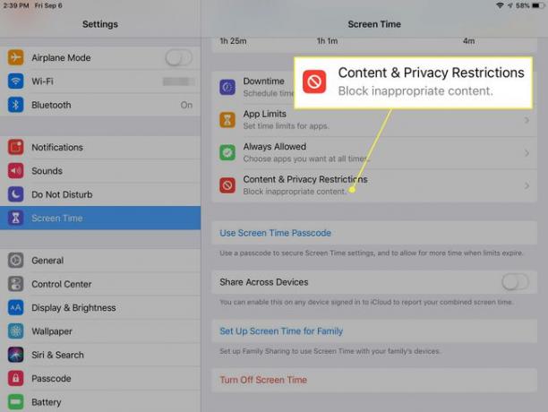 Una captura de pantalla de la configuración de tiempo de pantalla del iPad con la opción " Restricciones de contenido y privacidad" resaltada