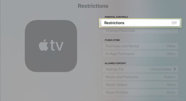 הגדרות כלליות של Apple TV עם הגבלות מודגשות