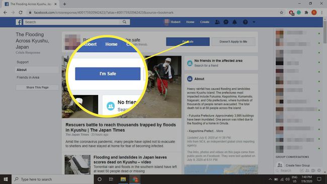 Избирайки Аз съм в безопасност в секцията за реакция при кризи във Facebook.