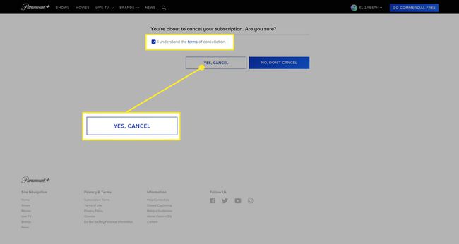 หน้าจอการยกเลิก Paramount+ พร้อมใช่ ยกเลิกที่ไฮไลต์