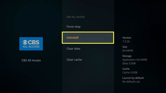 अमेज़न फायर टीवी स्टिक पर एक ऐप पर अनइंस्टॉल का विकल्प।