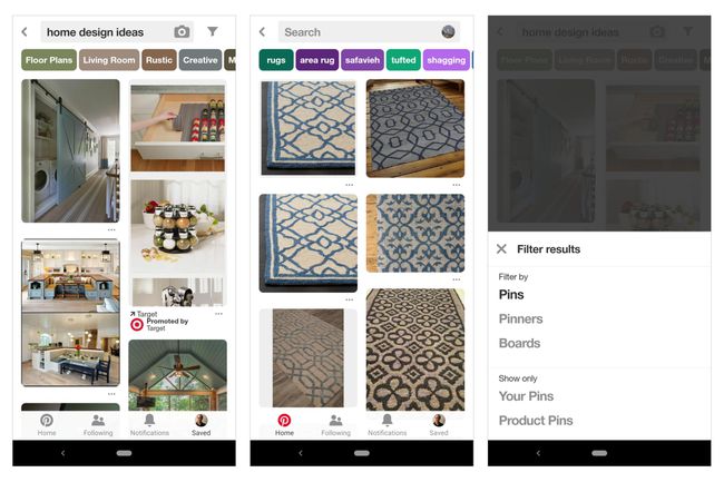 3 snímky obrazovky: Nápady na design domova, zobrazující několik špendlíků; Výsledky vyhledávání fotoaparátu s objektivem pro podobné položky; Filtrovat možnosti vyhledávání (filtrovat podle špendlíků, špendlíků, nástěnek; Zobrazit pouze vaše piny nebo vytvořit piny)