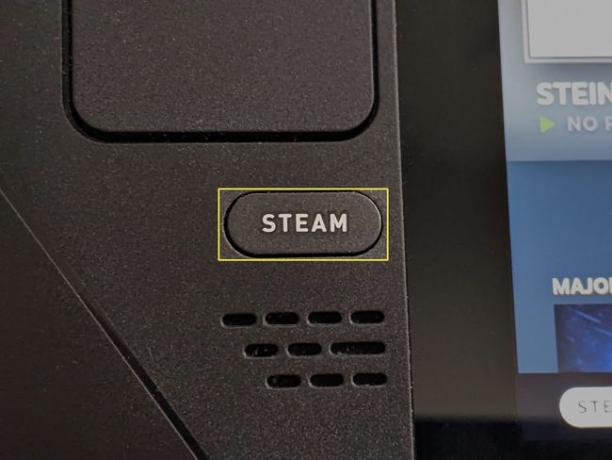 O botão STEAM em um Steam Deck.