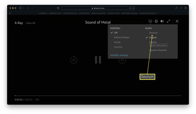 映画の再生とオーディオオプションが強調表示されたAmazonプライムビデオのウェブサイト