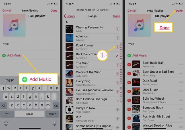 Pridėti muziką, pliuso piktogramą, mygtuką Atlikta iOS muzikos programoje