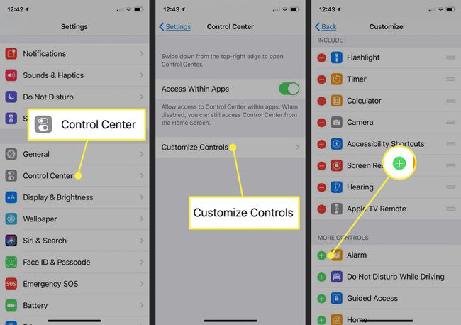 Capturas de tela de um iPhone mostrando como personalizar o Control Center