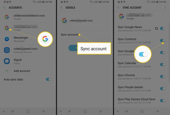 Trys „Android“ ekranai, kuriuose rodomos paskyros, sinchronizavimo paskyra ir kontaktų sinchronizavimas, perjungiami į ĮJUNGTA