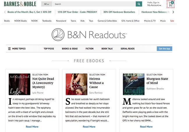 무료 Nook eBook을 제공하는 B&N Readouts의 스크린샷