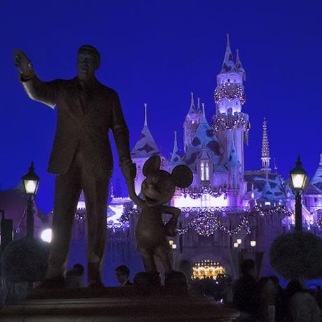Assepoester's kasteel, vriendenstandbeeld in Disneyland 's nachts