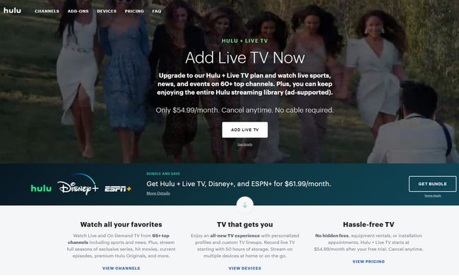 Hulu'nun Canlı TV hizmeti ana sayfası